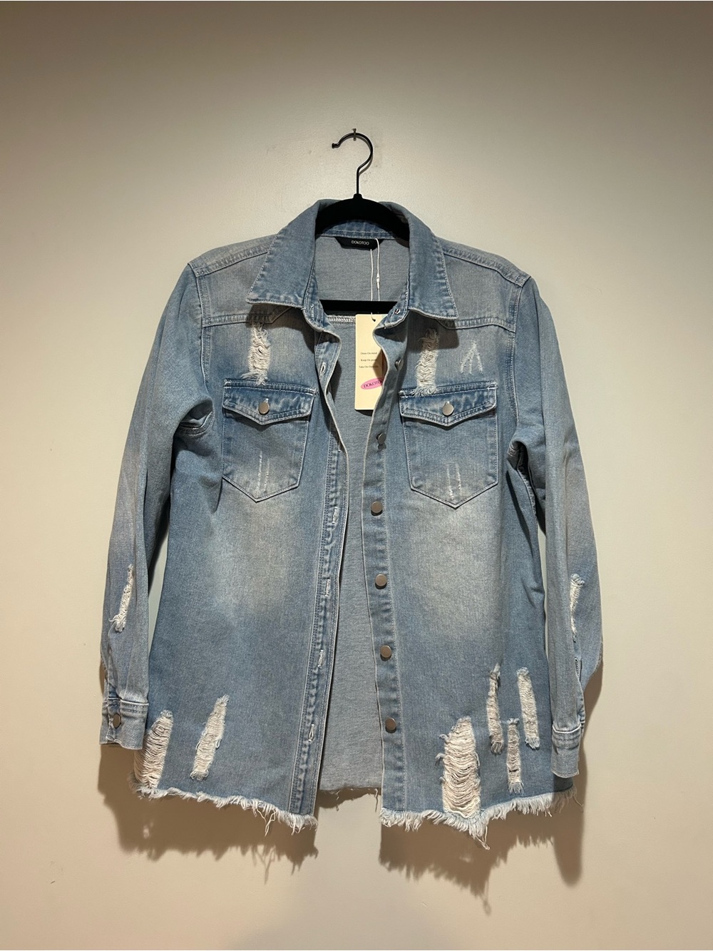 Women's Light Blue Distressed Denim Jacket - Casual Jean Shirt Coat